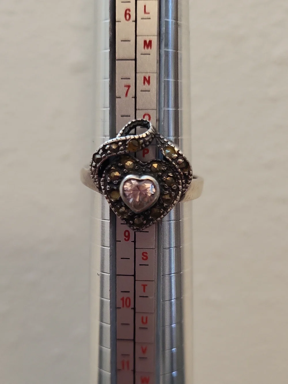 Vintage 925 Sterling Silver Pink CZ  Marcasite Heart Ring